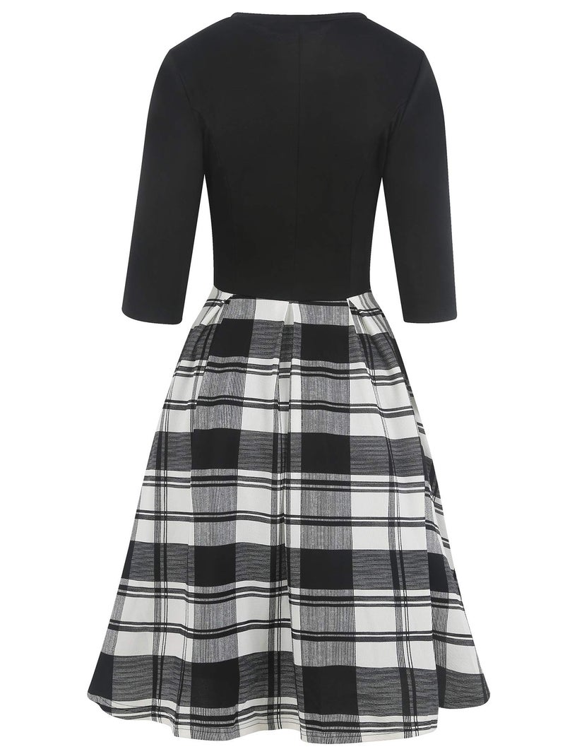 oxiuly Women's Vintage Half Sleeve O-Neck Contrast Casual Pockets Party Swing Dress OX253 (B-W Plaid, XXL) - Image 4
